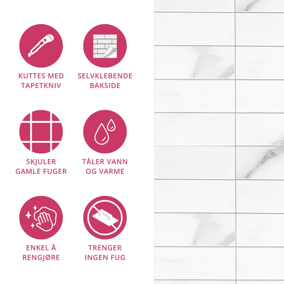 Amalie hvit selvklebende veggfliser