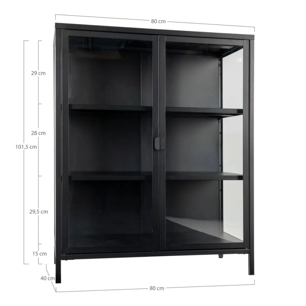 Brisbane vitrineskap 2 glassdører sort stål 80 x 40 x 101 cm