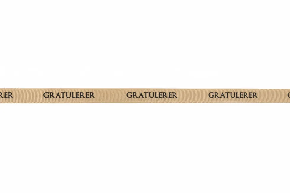 Gavebånd Gratulerer beige med sort tekst 10 mm