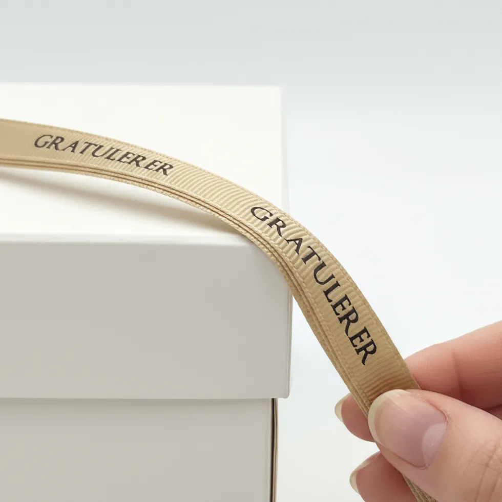 Gavebånd Gratulerer beige med sort tekst 10 mm