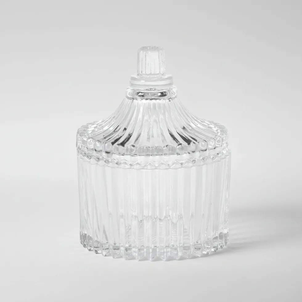 Glasskrukke stripet med lokk 6,5 x 9 cm