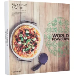 Pizzastein i keramikk med serveringsstativ og pizzahjul 33 cm