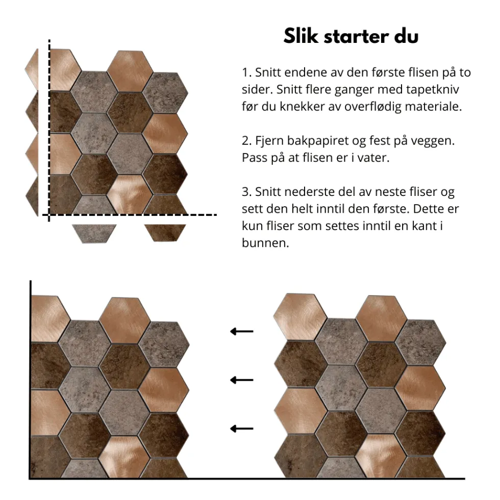 10-pk Bente hexagon selvklebende veggfliser