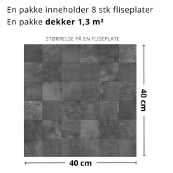 8-pk Bodø mørkegrå selvklebende fliser 40 x 40 cm