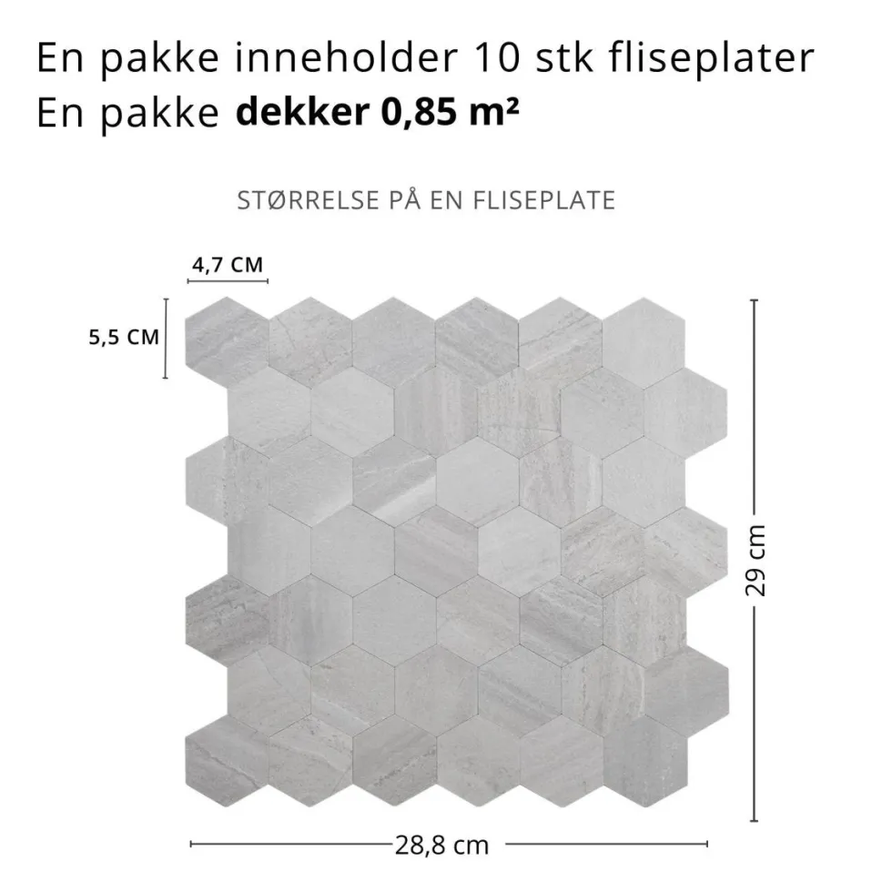 10-pk Hexagon lysegrå betong selvklebende veggfliser