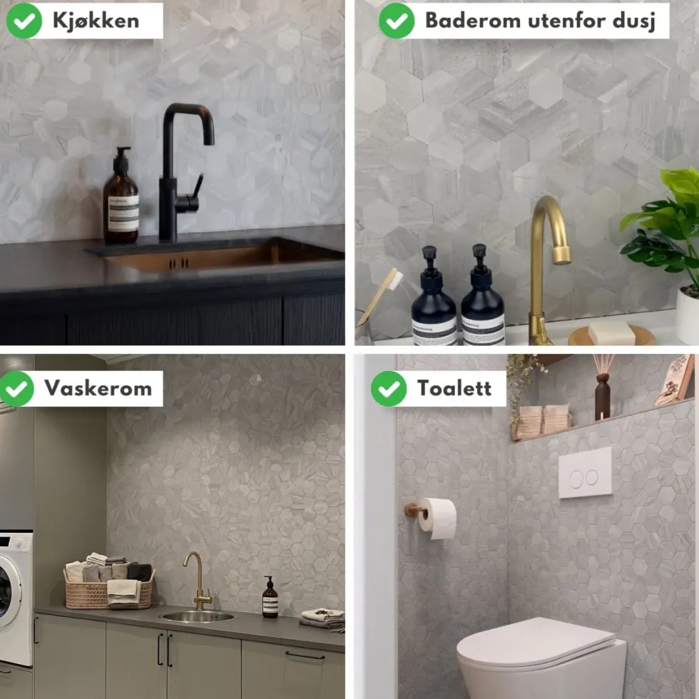 10-pk Hexagon lysegrå betong selvklebende veggfliser