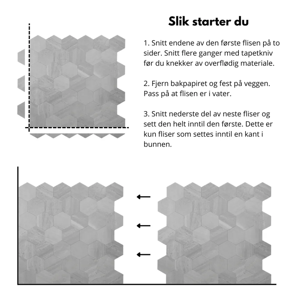 10-pk Hexagon lysegrå betong selvklebende veggfliser