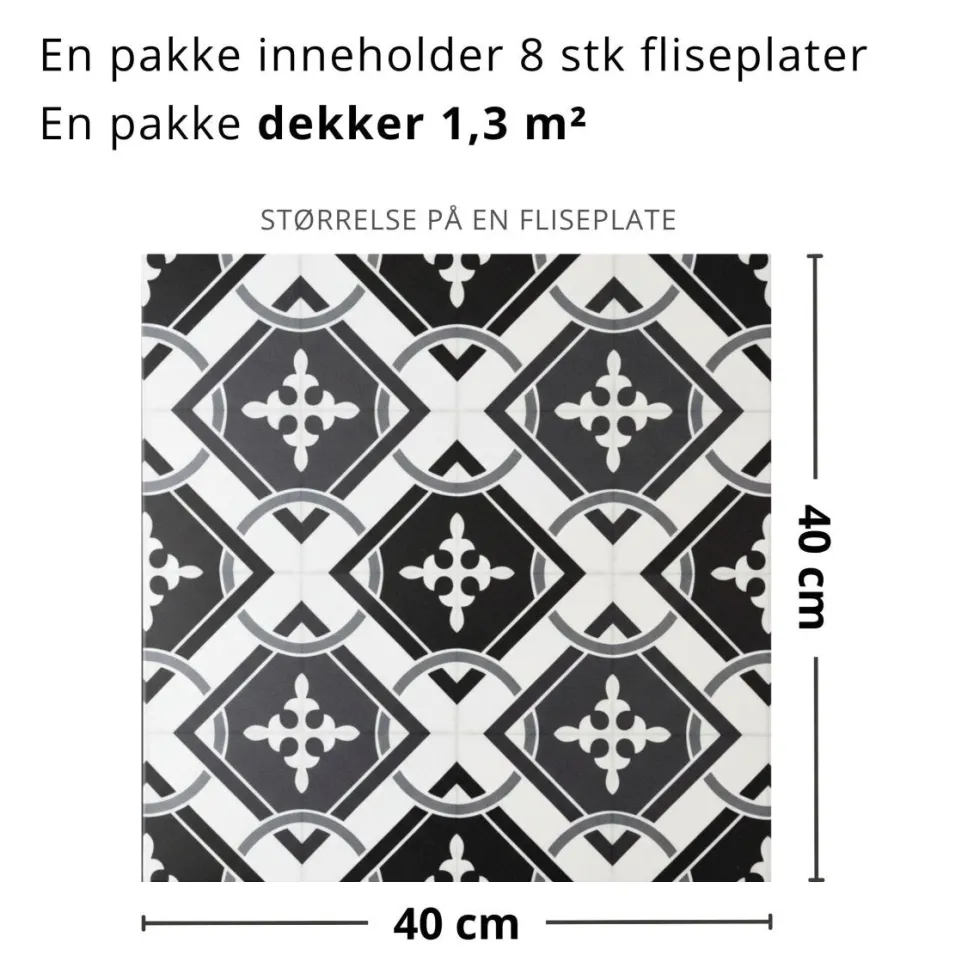 8-pk Isadora selvklebende fliser sort hvit mønster 40 x 40 cm