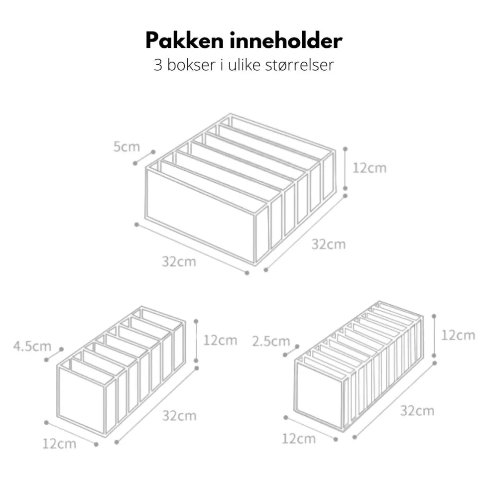 3-pk oppbevaringsbokser til garderobe