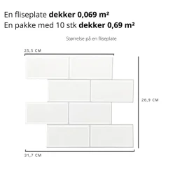 10-pk Subway hvit med grå fuger selvklebende veggfliser