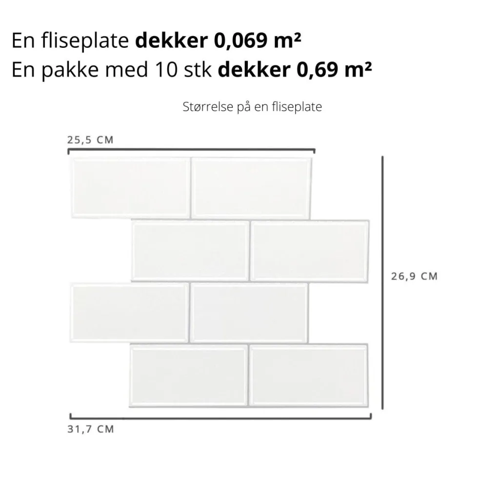 10-pk Subway hvit med grå fuger selvklebende veggfliser