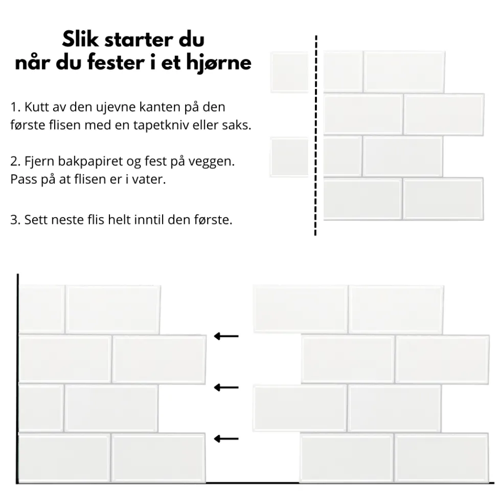 10-pk Subway hvit med grå fuger selvklebende veggfliser