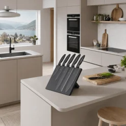 Sett med 5 kniver og magnetisk knivholder sort