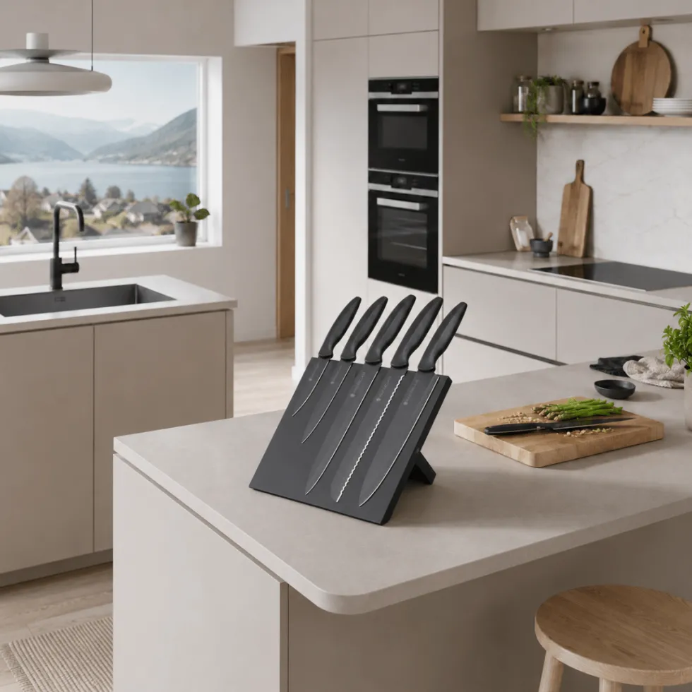 Sett med 5 kniver og magnetisk knivholder sort