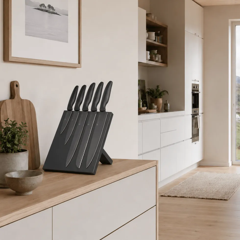 Sett med 5 kniver og magnetisk knivholder sort