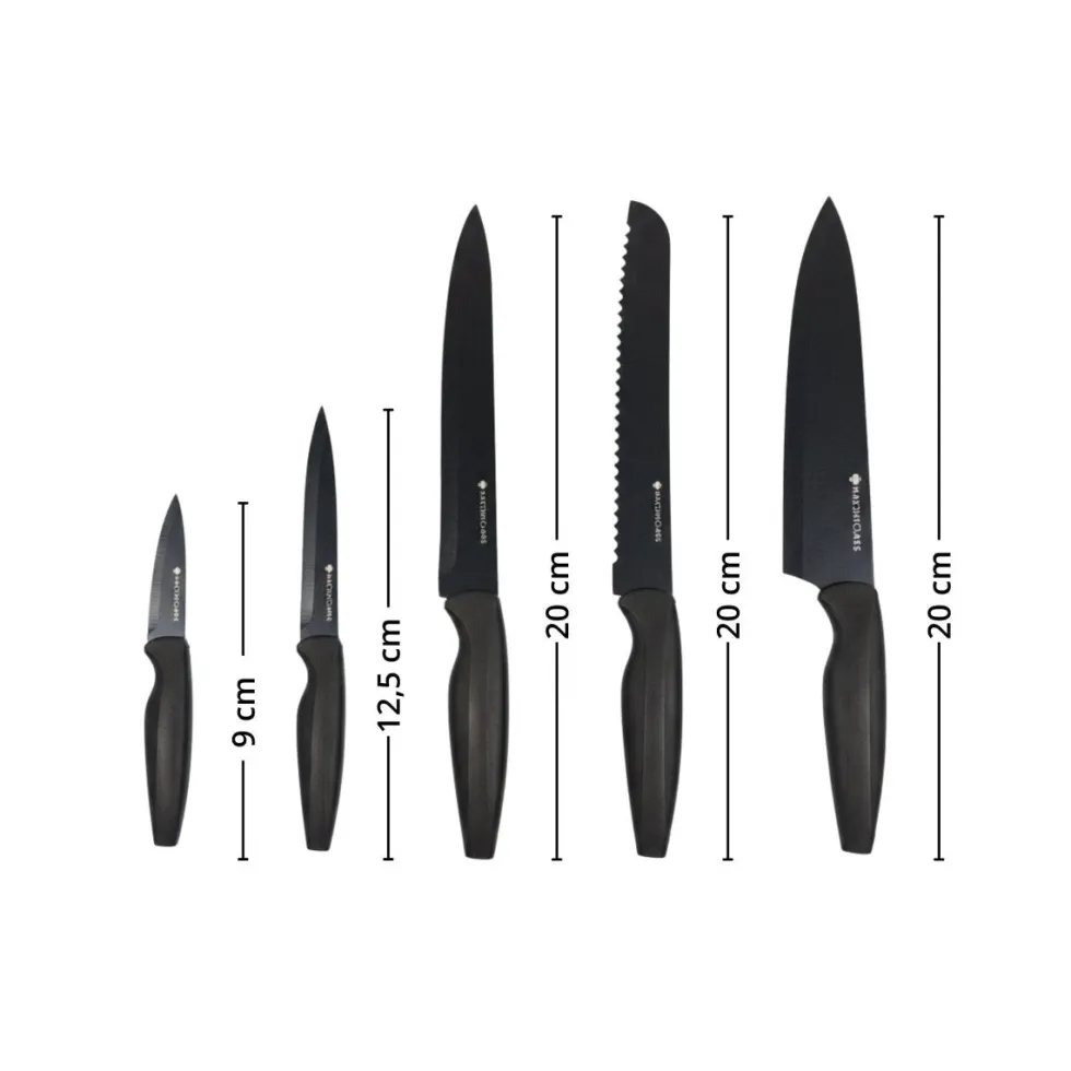 Sett med 5 kniver og magnetisk knivholder sort