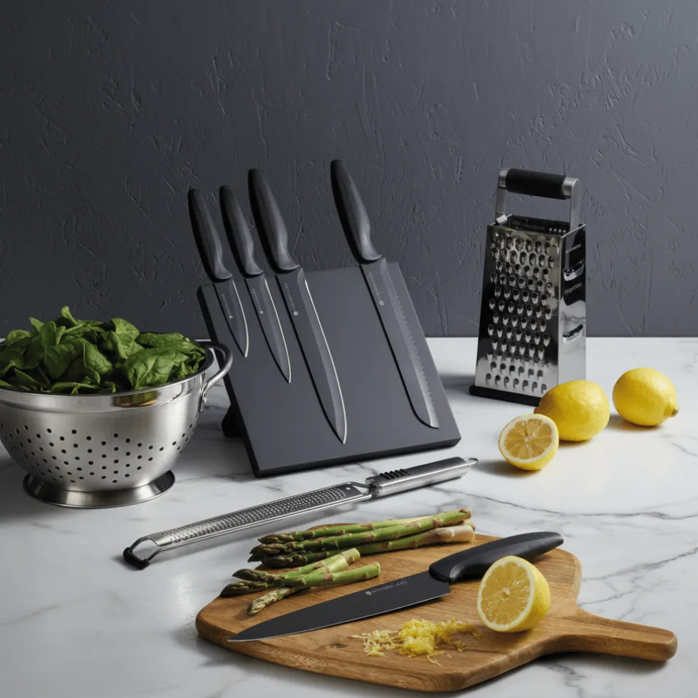 Sett med 5 kniver og magnetisk knivholder sort